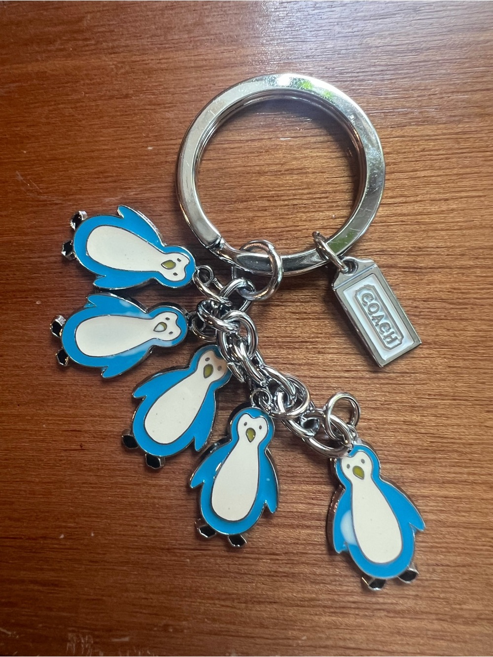 Coach Blue and White Penguin Charm Keyring with Silver Tag